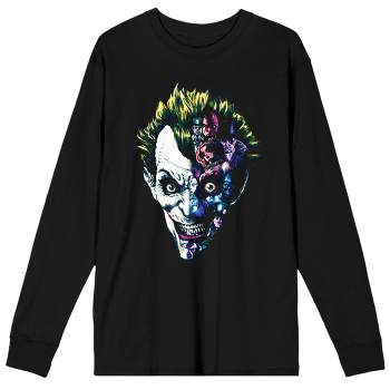DC Comic Book Joker Face Men's Black Long Sleeve Graphic Tee Shirt- L