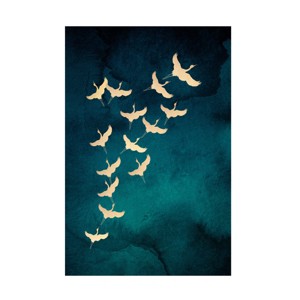 Canvas Wall Art - Aureous   'Teal Flying Cranes' Wall Art for Living Room, Bedroom, or Office Décor by Trademark Fine Art - 1 of 4