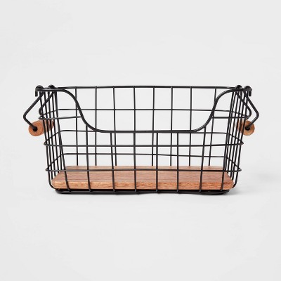 Iron And Mangowood Wire Fruit Basket With Handles Black