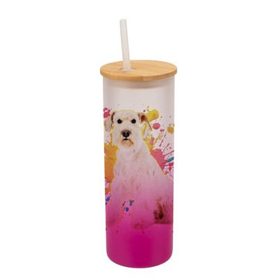 100 North 25 Ounce Frosted Glass Gradient Travel Tumbler With Straw & Wooden Lid, Schnauzer Dog Paint Splatter Pink