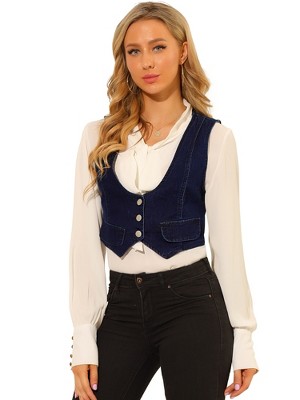 Allegra K Women's Vintage Button-Up Sleeveless Cropped Jean Waistcoat Vest