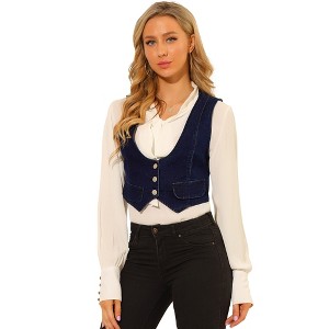 Allegra K Women's Vintage Button-Up Sleeveless Cropped Jean Waistcoat Vest - 1 of 4