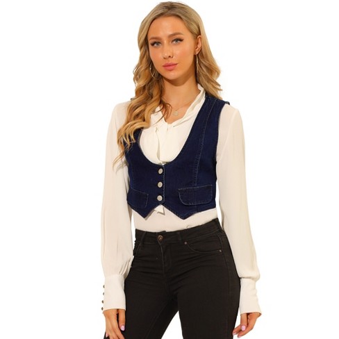 Allegra K Women's Denim Vintage Button Up Sleeveless Crop Jean Waistcoat  Vest Blue X-large : Target