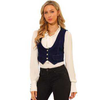 Allegra K Women's Vintage Button-Up Sleeveless Crop Jean Waistcoat Vest
