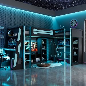 Twin Size Loft Bed, L-Shaped Gaming Bed Frame with RGB LED Lights, Dual Beds, USB Ports, TV Stand & Storage - ModernLuxe - 1 of 4