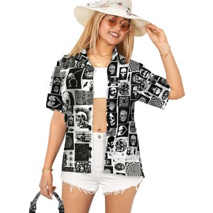 LA LEELA Women's Hawaiian Blouse Dresses Button Down Summer Tops Dress Shirt Short Sleeve Halloween Costumes Haunted Vintage Shirts for Women - 1 of 4