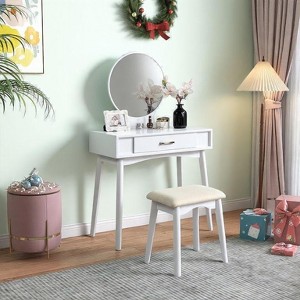 ORRD Modern Vanity Table with Stool & Mirror Set, Gold Finish Contemporary Makeup Desk - Solid Wood & MDF, Complete Dressing Table - 1 of 4