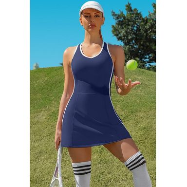 Attraco Women's Tennis Dresses with Shorts Pockets and Bra V Neck Racerback Golf Outfits Navy XS