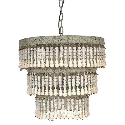 3-Tier Round Metal Chandelier with 3 Lights & Hanging Wood Beads Cream - 3R Studios