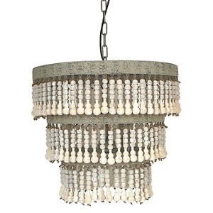 3-Tier Round Metal Chandelier with 3 Lights and Hanging Wood Beads Cream - Storied Home: Antique Bohemian Ceiling Fixture, UL Listed - 1 of 4