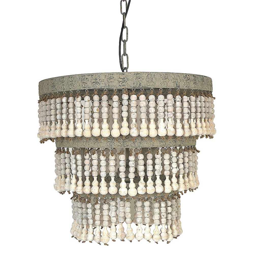 Photos - Chandelier / Lamp 3-Tier Round Metal Chandelier with 3 Lights and Hanging Wood Beads Cream 