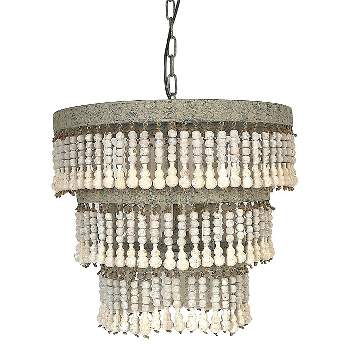3-Tier Round Metal Chandelier with 3 Lights and Hanging Wood Beads Cream - Storied Home