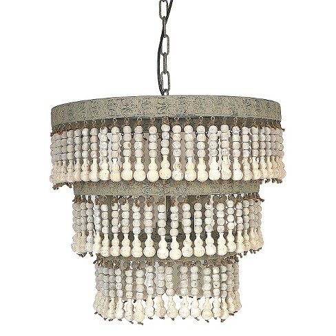 3-Tier Round Metal Chandelier with 3 Lights and Hanging Wood Beads Cream - Storied Home - image 1 of 4