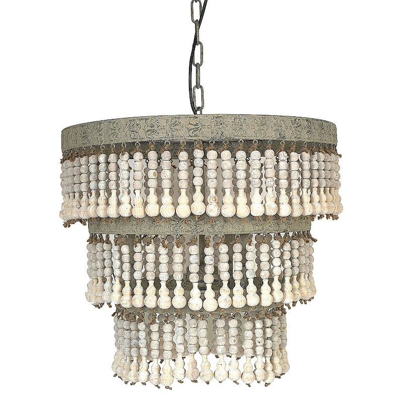 3-Tier Round Metal Chandelier with 3 Lights and Hanging Wood Beads Cream - Storied Home, 1 of 21