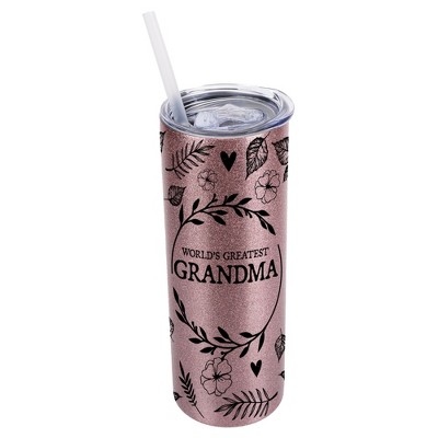 Elanze Designs Floral Bubblegum Pink 20 Ounce Double Wall Stainless Steel Glitter Travel Tumbler With Sliding Lid And Straw, World's Greatest Grandma
