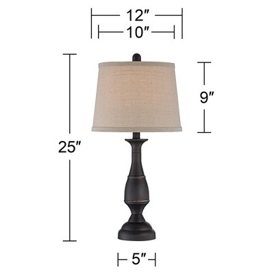 Rustic Farmhouse Dark Bronze Metal Table Lamp Set with Linen Drum Shades