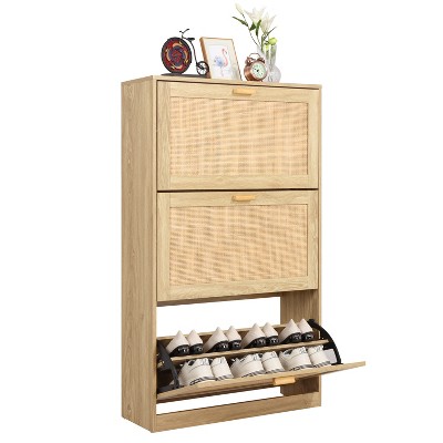 Finnhomy 3 Tier Slim Shoe Organizer, Extended Edition Shoe Cabinet with Natural Rattan Flip Drawers