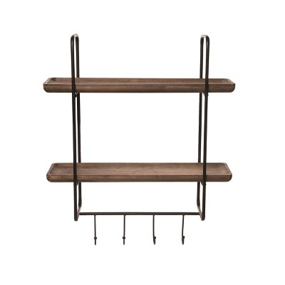 VIP Metal 23.62 in. Brown Double Wall Shelf with 4 Hooks