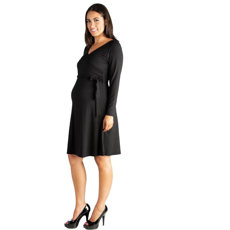 24seven Comfort Apparel Chic V-Neck Long Sleeve Belted Maternity Dress, 2 of 5