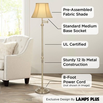 Antique Brass Adjustable Floor Lamp with Beige Fabric Shade
