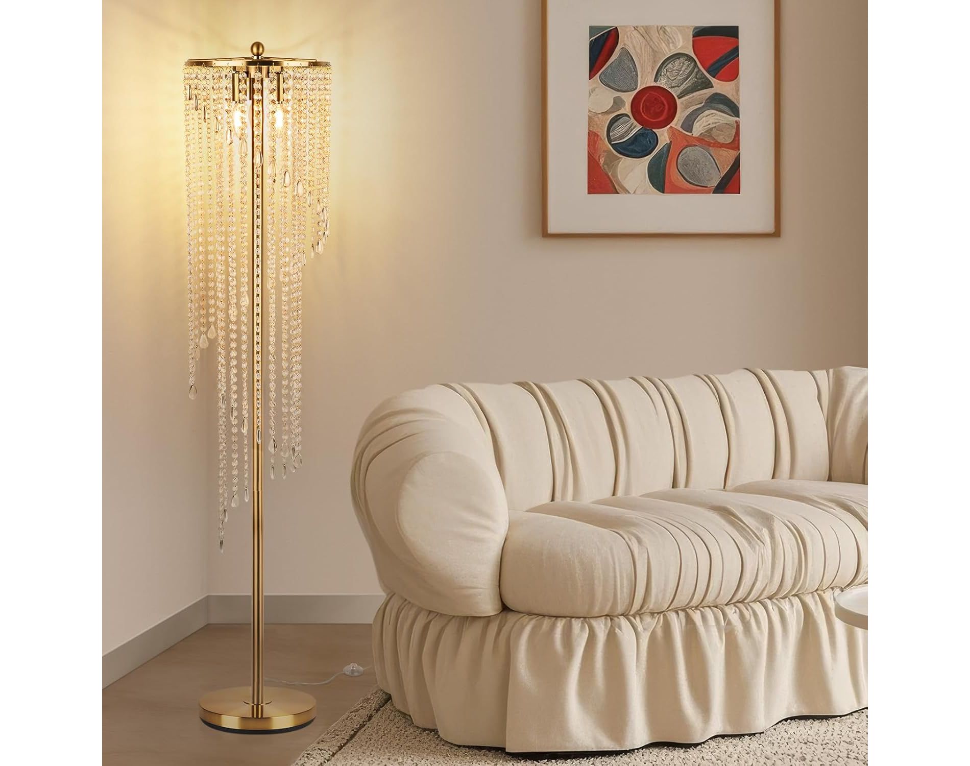 KTMBDW Gold Crystal Floor Lamp, 63" Tall Elegant Standing Lamp with On-Off Foot Switch, Double-Layer Lampshade, Standing Floor Lamps for Living Room