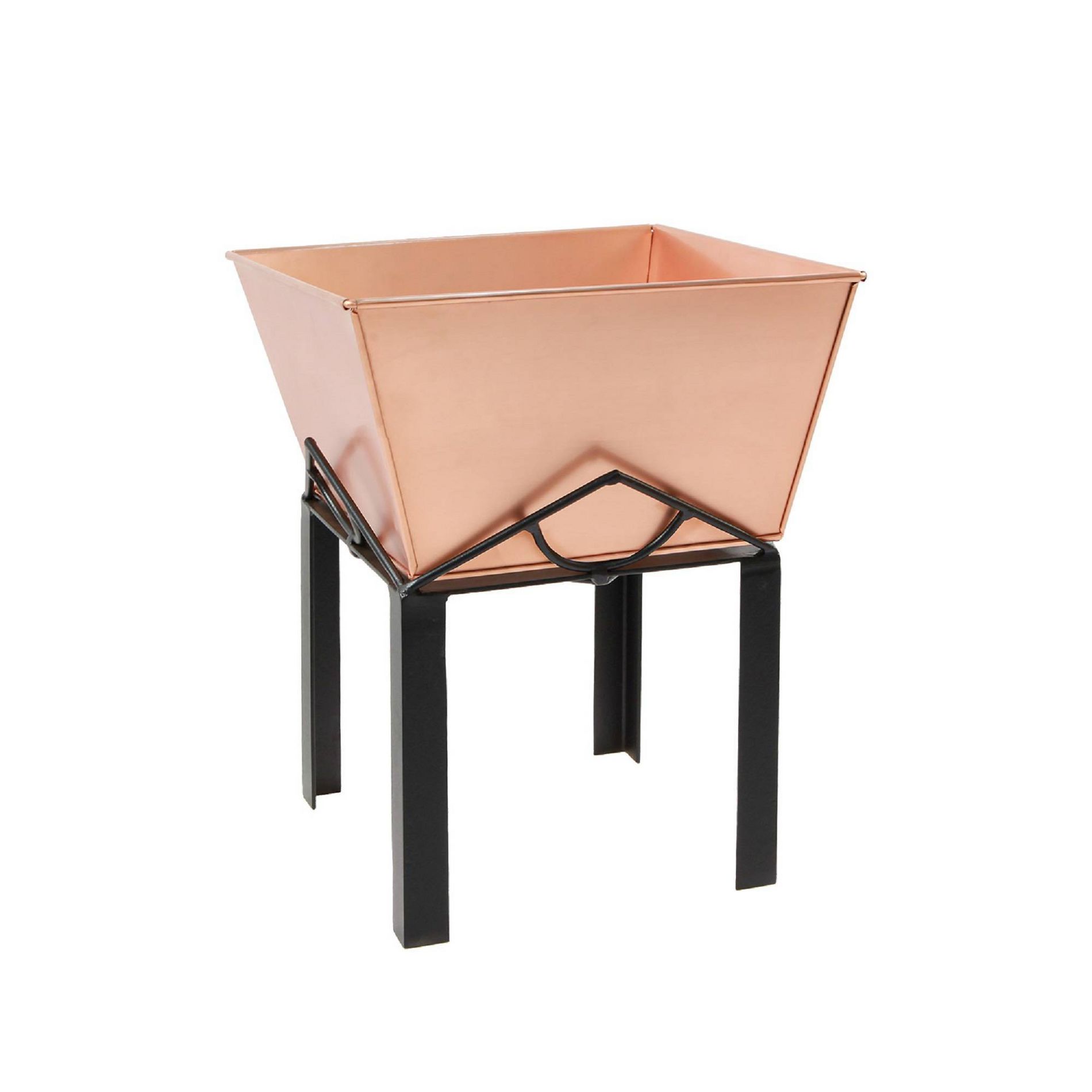 ACHLA Designs 12.25"x12.25" Indoor/Outdoor Square Galvanized Steel Flower Box with Black Wrought Iron Plant Stand Copper Plated