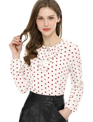 Allegra K Women's 1950s Vintage Ruffle Neck Long Sleeve Dots Chiffon Blouse