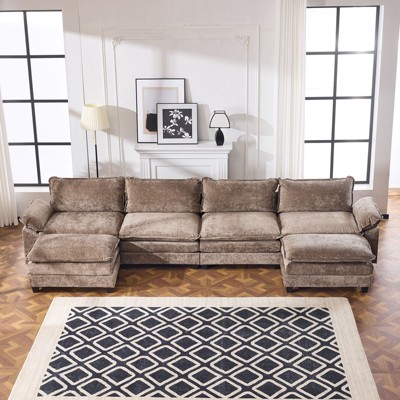 Karl Home |155.5 in. W Pillow Top Arm Double-layer Cushion Chenille Sofa in Brown With Ottoman