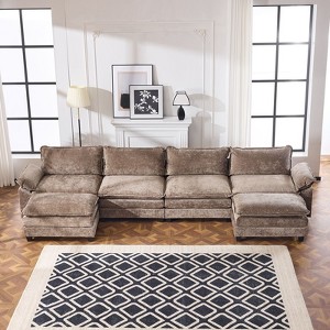 Karl Home |155.5 in. W Pillow Top Arm Double-layer Cushion Chenille Sofa in Brown With Ottoman - 1 of 1