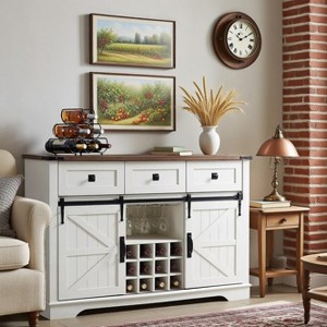 OKD 54" Wine Bar Cabinet w/Sliding Barn Door, Kitchen Coffee Bar Cabinet w/Wine & Glass Rack, 3 Drawers, Large Buffet Sideboard - 1 of 4