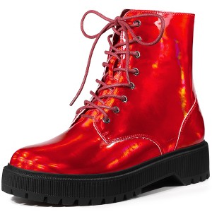 Allegra K Women's Round Toe Platform Lace Up Colorful Combat Ankle Boots - 1 of 4