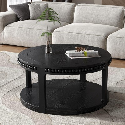 INFURNIC Coffee Tables 31.5 Inch Round Solid Wood Coffee Table with Two Tier Design and Sturdy Legs for Living Room, Black, 31.5"*31.5"*17.72"