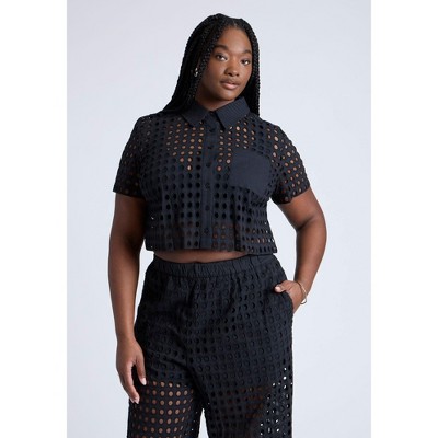 ELOQUII Women's Plus Size Eyelet Short Sleeve Button Up Top - 26, Black