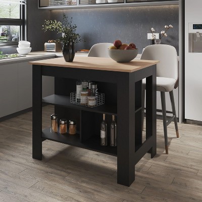 NicBexe Kitchen Island Cart Morden Kitchen Carts with Storage, 3 Shelves and Spacious Top Surface for Kitchen, Beige and Black