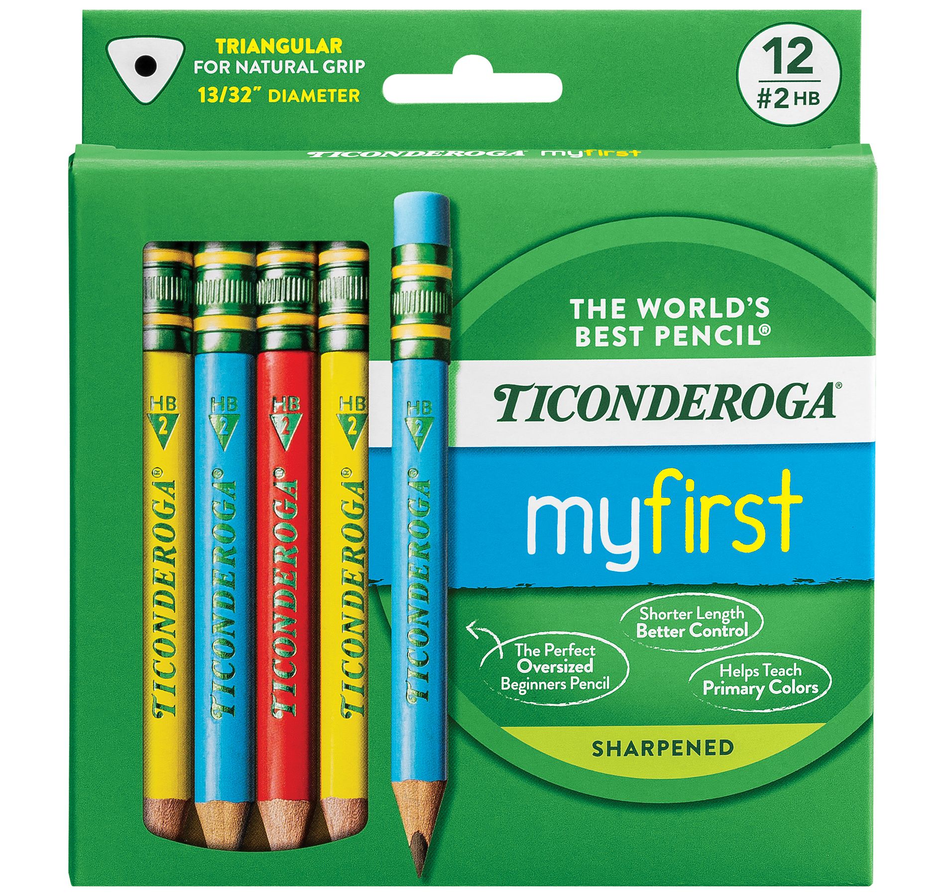 Ticonderoga® My First® Short Wooden Pencils, Large Triangle Barrel, Sharpened, #2 HB Soft, With Eraser, Primary Colors, 12 Count
