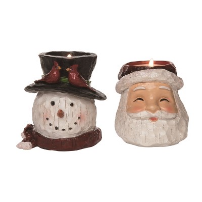 Transpac Christmas Resin Santa & Snowman Tea Light Candle Holders Set of 2 Christmas Home Decorations