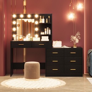 61" Make Up Vanity Desk with Mirror and Lights, 3 Lighting Modes Vanity Organizer , Vanity with 8 Storage Large Drawer & 2 Open Shelves - 1 of 4