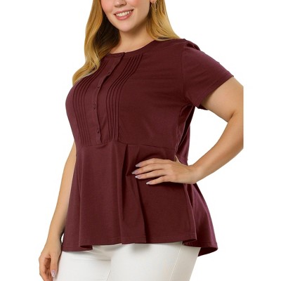 Agnes Orinda Women's Plus Size Twisted Knot Waist Short Sleeves Summer  Peplum Blouses Burgundy 2x : Target