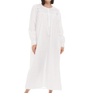 ADR Women's Cotton Nightgown, Long Sleeve Lace Trim Button Up Long Vintage Night Dress Gown - 1 of 4
