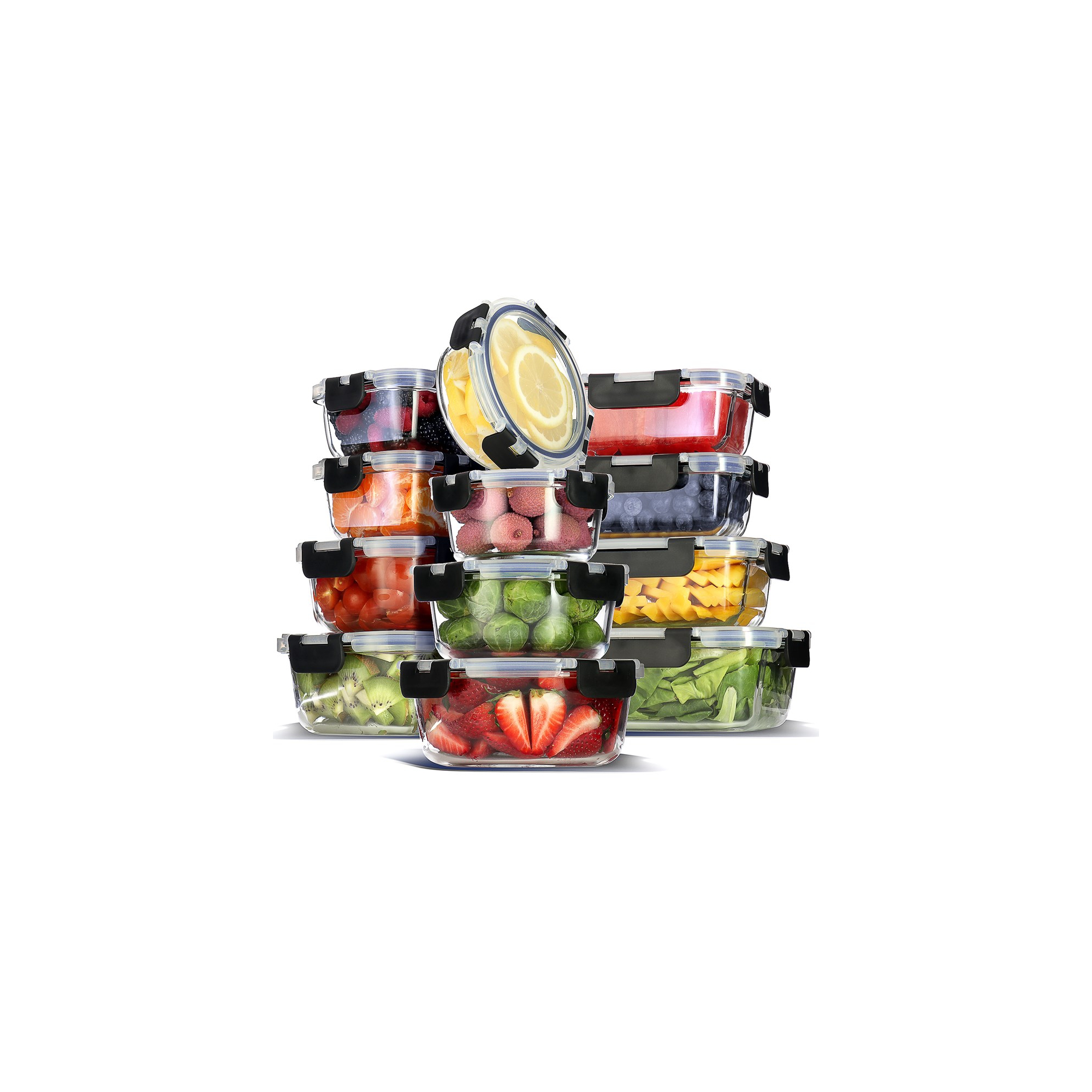 JoyTable 12-Pack Glass Food Storage Containers with Lids, Reusable Glass Food Containers with Leakproof Snap Lock Lids