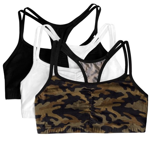 Fruit of the Loom Women's Spaghetti Strap Cotton Sports Bra 3-Pack Petite  Modern Camo/White/Black 34