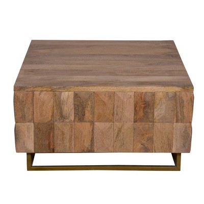 Front view of square block wood coffee table with brass base