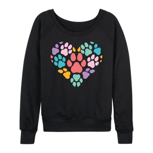 Women's - Instant Message - Rainbow Pawprint Heart Lightweight French Terry Wide Neck Long Sleeve Graphic Shirt - 1 of 4