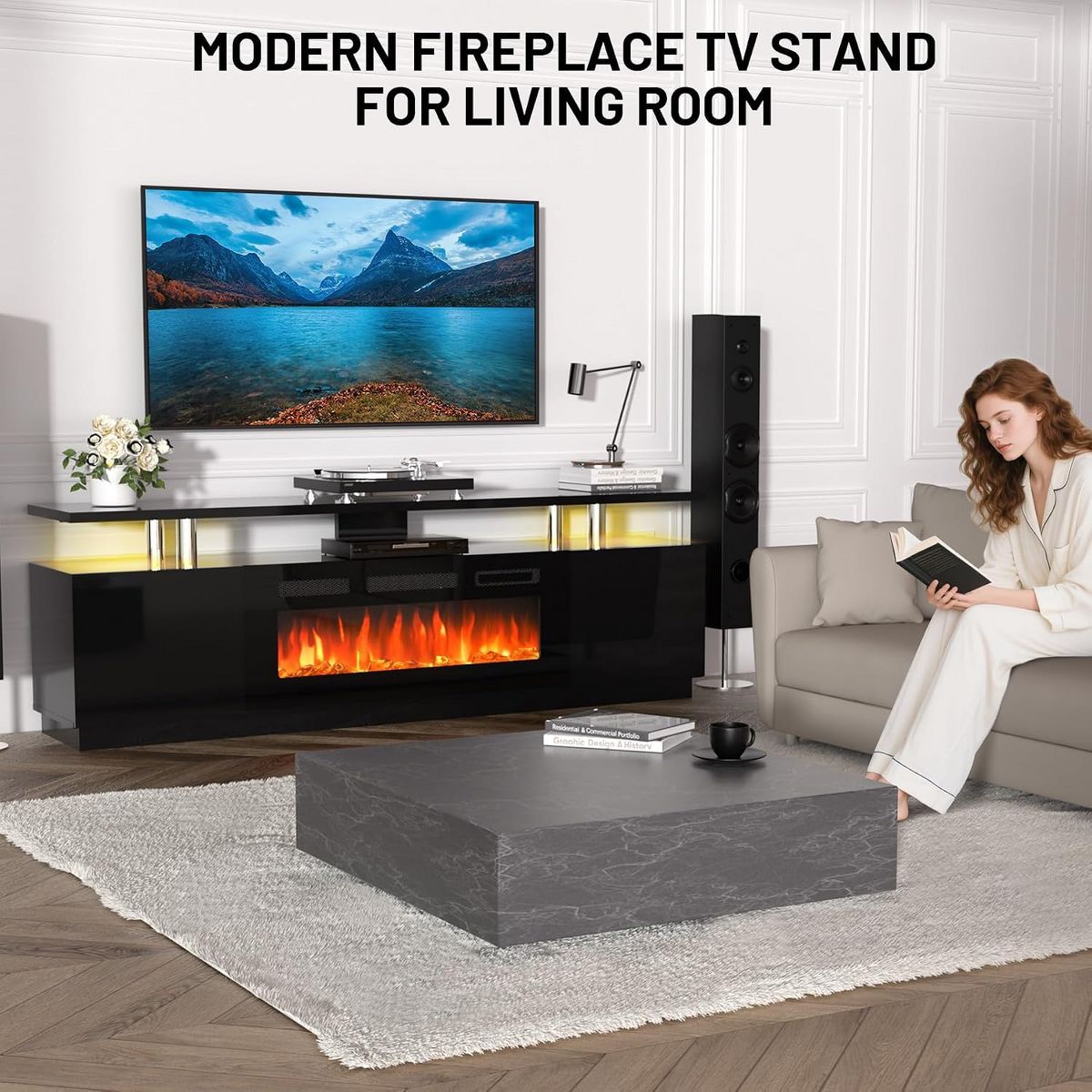 Garvee 80" TV Stand with 36" Elec. Fireplace, 12 Flame, 1500W, for 90" TVs - thumbnail 3