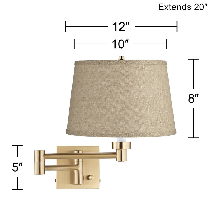 Barnes and Ivy Alta Vintage Swing Arm Wall Lamp Warm Antique Brass Plug-in Light Fixture Burlap Fabric Drum Shade for Bedroom Bedside Living Room Home, 3 of 7