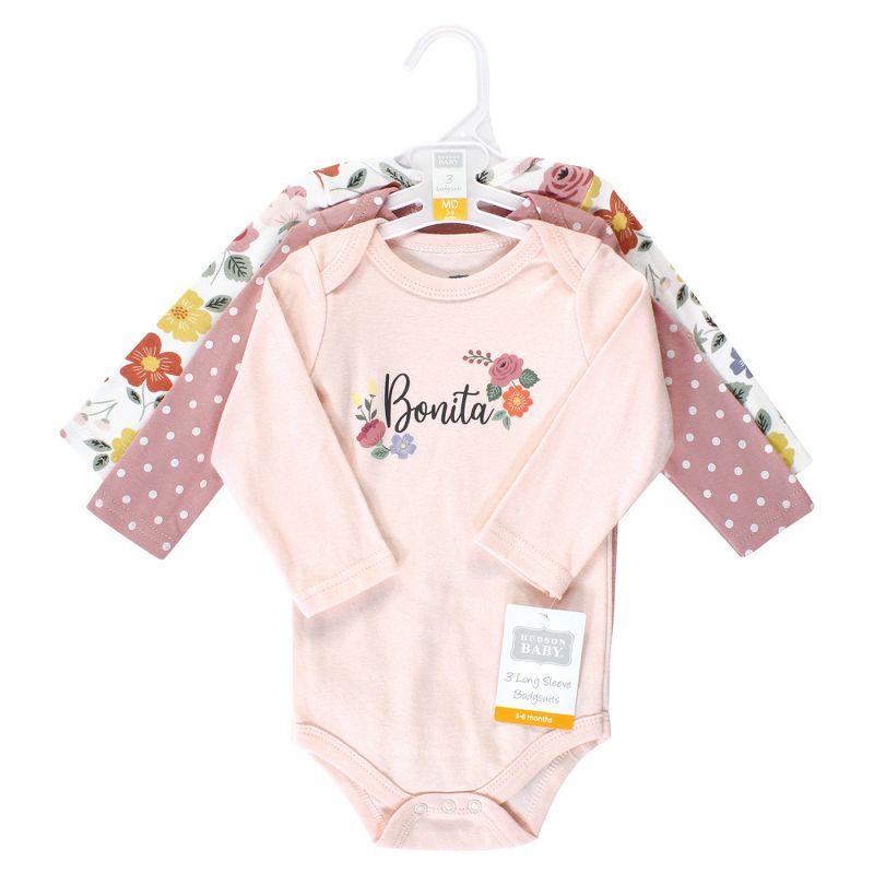 Hudson Baby Infant Girl Cotton Long-Sleeve Bodysuits, Bonita 3 Pack, 2 of 6