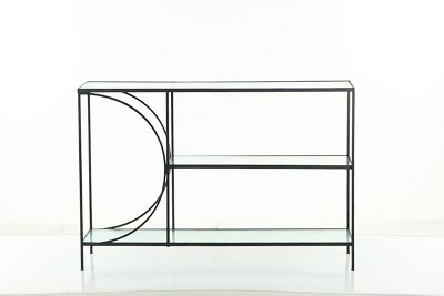Black Metal and Glass Industrial Console Table with Storage Shelves