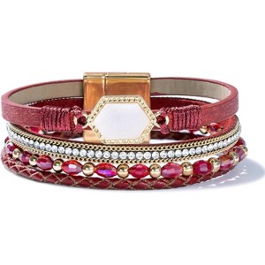 Crystal Beaded Leather Wrap Bracelet with Resin Stone Center, Stackable Boho Cuff with Magnetic Clasp for Women - 1 of 4