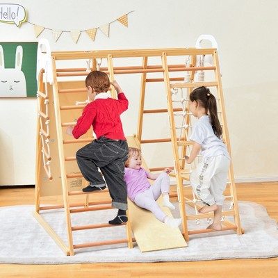 Natural Wood 8-in-1 Indoor Jungle Gym Playset with Slide