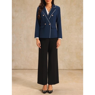 INSPIRE CHIC Women's Notch Lapel Long Sleeve Double Breasted Work Blazer Medium Navy Blue — фото 2